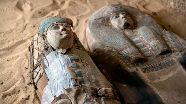 Sarcophagi inside a recetly discovered burial shaft at the Giza pyramid plateau in Cairo.