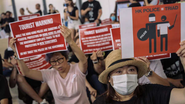 The scene greeting passengers arriving at Hong Kong's international airport during protests.