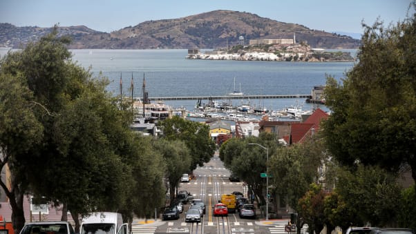 Alcatraz Island can be seen from the Russian Hill neighborhood in San Francisco.