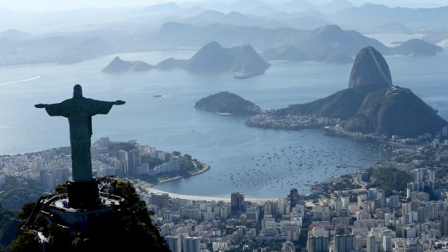  Aerial view of Christ the Redeemer, Flamengo Beach, the Sugar Loaf and Guanabara Bay 