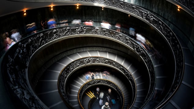 Bramante Staircase -- a double helix that allows traffic to flow both ways.