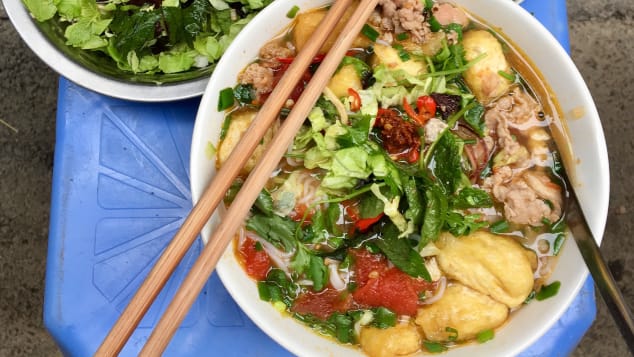 Crabmeat is the star of Bún riêu -- a meat or seafood vermicelli soup. 