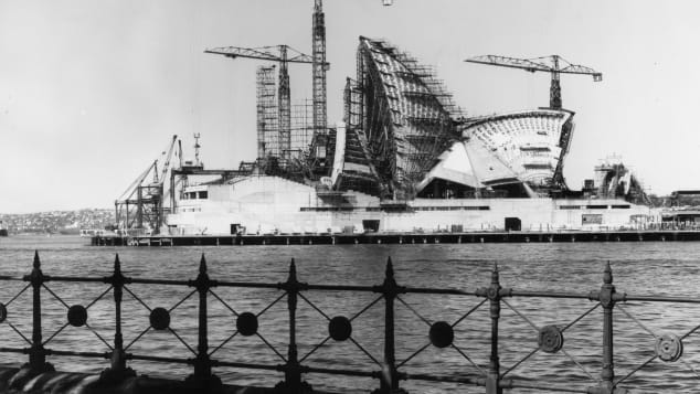 Construction of the shell-shaped roof.  