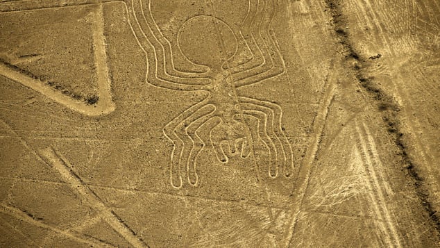 An aerial view of the Spider geoglyph, part of the mysterious Nazca Lines in Peru.