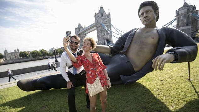 Celebrating 25 years since Jurassic Park first premiered in the UK, streaming service NOW TV unveil a statue of Jeff Goldblum semi-naked torso at Potters Field on July 18, 2018 in London, England. (Photo by John Phillips/Getty Images)