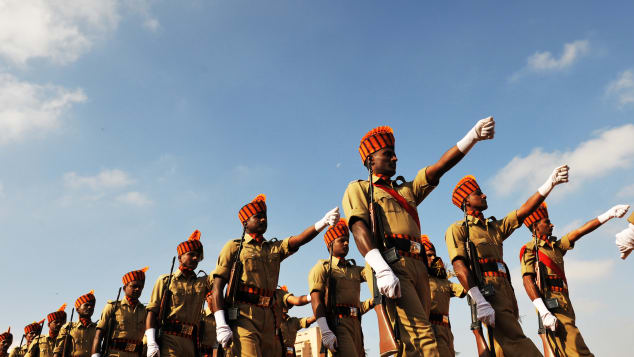 Delhi isn't the only parade host. These soldiers march in Bangalore on January 26, 2011. 