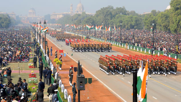 Indian army soldiers march during the Republic Day parade on the Rajpath in Delhi on January 26, 2012. 