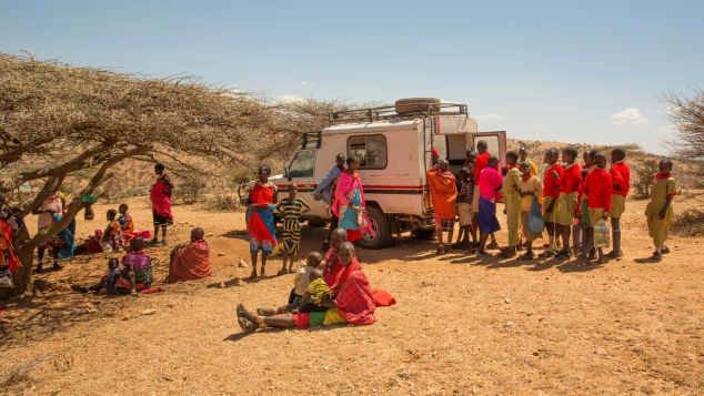 The mobile clinic visits once a month.