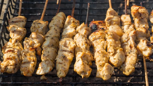 Souvlaki are spld as skewers straight from the grill.