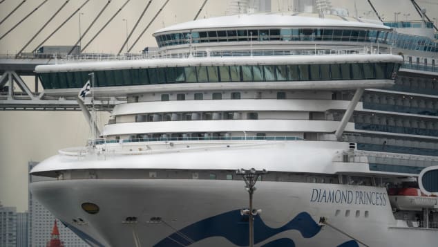 The Diamond Princess cruise ship is anchored at Daikoku Pier of the Yokohama Port. The ship will sail after as major cleaning effort.