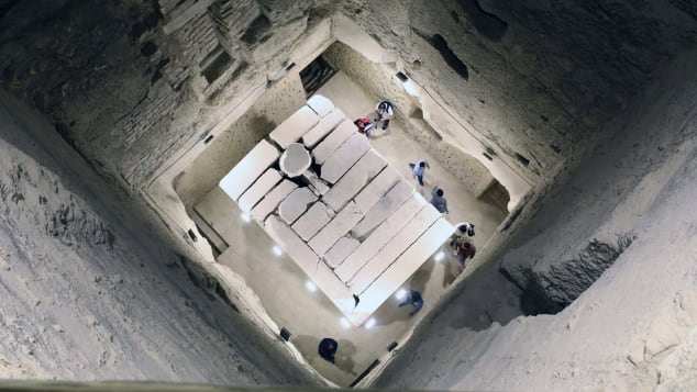 The outer facades of the pyramid, the internal corridors leading to the burial well, the stone sarcophagus, and stairs of two entrances were all restored. 