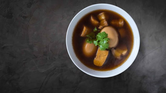 Kao palo is a five-spice soup featuring hard boiled eggs. 