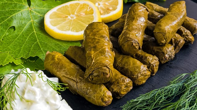 This traditional dish is essentially vine leaves rolled and filled with either well-seasoned rice or mincemeat