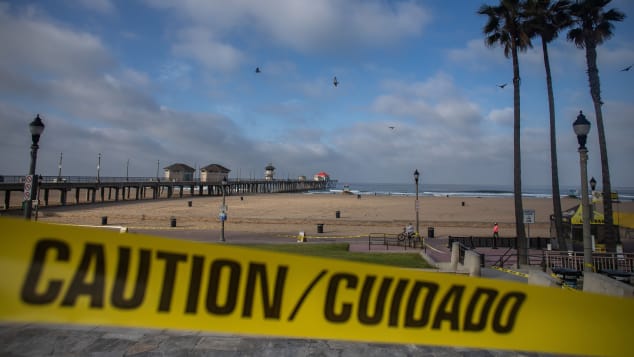 Huntington Beach, California is virtually empty on May 02.