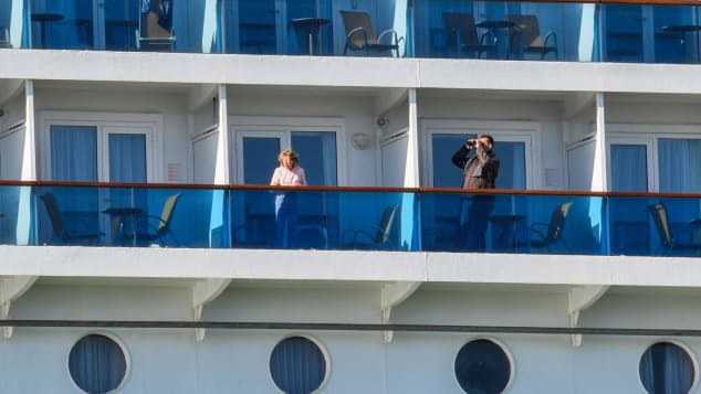 Passengers on Costa Victoria awaiting disembarkation after the ship docked at the Italian port of Civitavecchia, back in March.