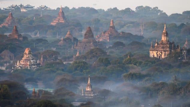 An aerial view of the temples of Bagan, an ancient city and a UNESCO World Heritage Site on January 18, 2020.