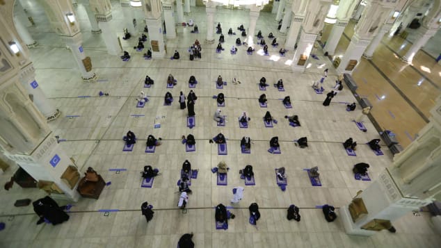 The first group of female pilgrims praying in the Grand mosque in the holy city of Mecca at the start of the annual Muslim Hajj pilgrimage.