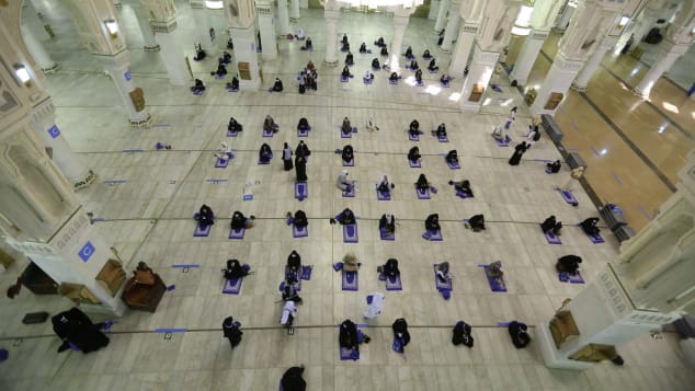 The first group of female pilgrims praying in the Grand mosque in the holy city of Mecca at the start of the annual Muslim Hajj pilgrimage.