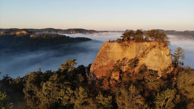 Courthouse Rock in the Red River Gorge in Kentucky is gorgeous on a foggy sunrise.
