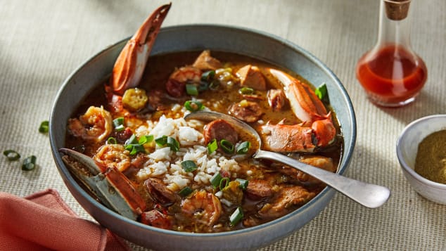 Chicken, sausage and shrimp festoon this gumbo.