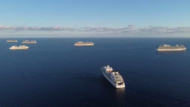 Out of action cruise ships laid up in the waters around Cyprus.