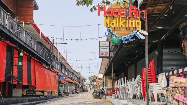 Many of the shops, bars and restaurants that line the streets of Haad Rin have been forced to close. 