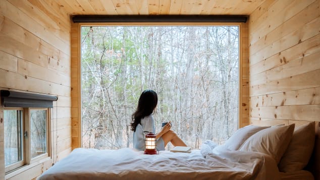 A window onto the woods is each Getaway cabin's defining feature. Some cabins have queen bunks.