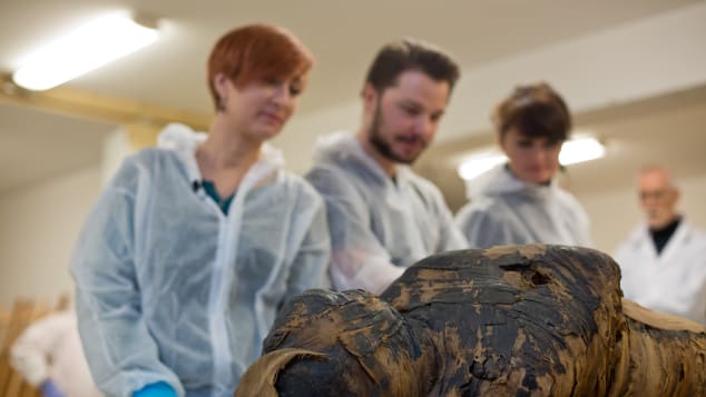 Archaeologists from the Warsaw Mummy Project examine the mummy, previously thought to be a priest. 