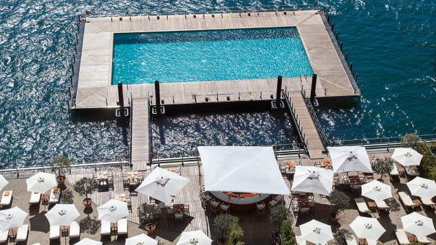 One of the pools at Grand Hotel Tremezzo floats atop Lake Como.