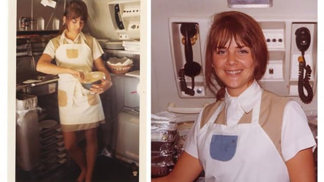 Pan Am flight attendant Susanne Malm, a colleague of Anne Sweeney, prepares scrambled eggs in the galley in-flight.