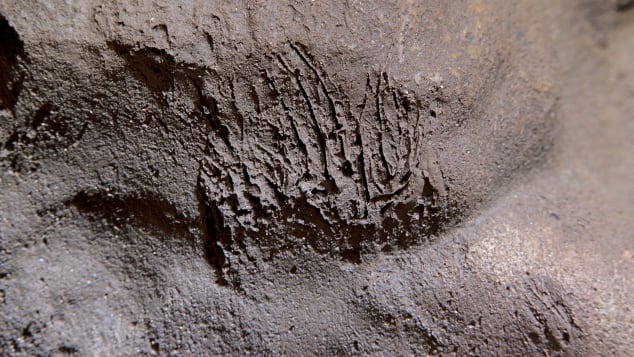Scratch marks on the wall of the chamber, made by an unidentified carnivore.