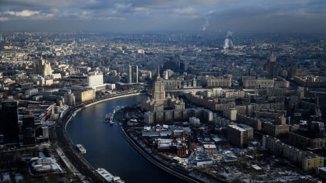 An aerial view of the Moskva River and downtown Moscow in November 2018. Russia has been deemed "very high" risk for travel by the CDC.