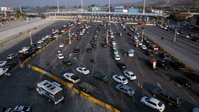An aerial view of cars lining up to cross to the United States at the San Ysidro crossing port on the Mexico-United States border in Tijuana, Mexico, on November 8.