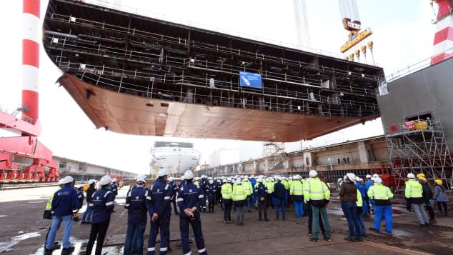 Wonder of the Seas during the start of its physical construction at Chantiers de l'Atlantique shipyard in France.