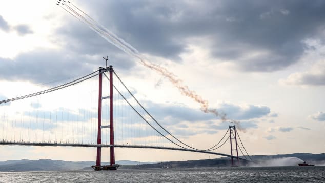 The aerobatic team of the Turkish Air Force perform at the inauguration of 1915 Canakkale Bridge.
