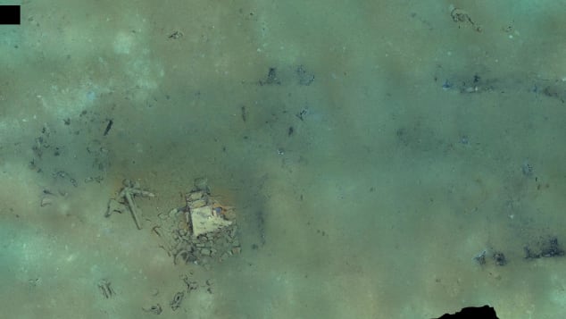 A mosaic of images from the NOAA video of the brig Industry wreck site shows the outline in sediment and debris of the hull of the 64-foot by 20-foot whaling brig.