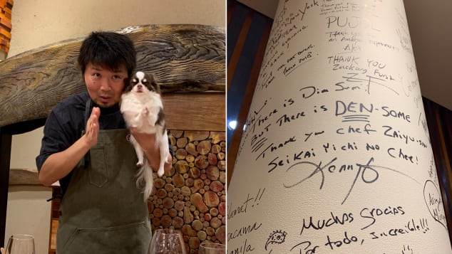 Left: Chef Zaiyu Hasegawa with his beloved pup; right, a pillar at Den where customers leave thank-you messages.