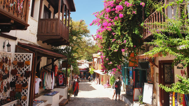The streets of Kaş are lined with traditional houses.