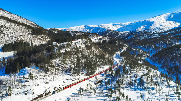 The Oslo-Bergen railway passes through extreme highland landscapes.