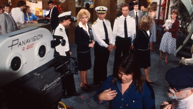 "The Love Boat" stars Fred Grandy who played "Gopher," Lauren Tewes (Julie McCoy), Gavin MacLeod (Merrill Stubing), Bernie Kopell ( Dr. Adam Bricker) and Jill Whelan (Vicki Stubing) pictured on set.