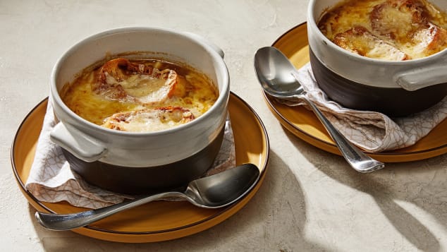 French onion soup: The cozy, brothy soup is topped with bread and melted cheese.