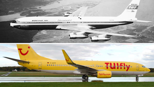 Κορυφή: Ένα Boeing 707, το πρώτο αεροσκάφος της εταιρείας κατασκευής αεροσκαφών.  Κάτω: Ένα Boeing 737-800 στο Ανόβερο, Γερμανία, το 2013.
