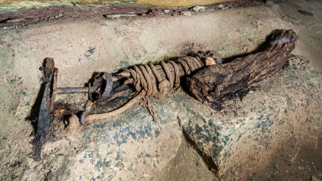 A windlass covered with a tightly-wound rope was one the items researchers found in the mine.