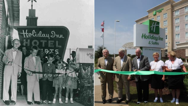The image on the left shows Kemmons Wilson's children cutting the ribbon at the first Holiday Inn opening in 1952. The image on the right is from 2012 and depicts the Wilsons, including Spence Wilson, far left, recreating the image.