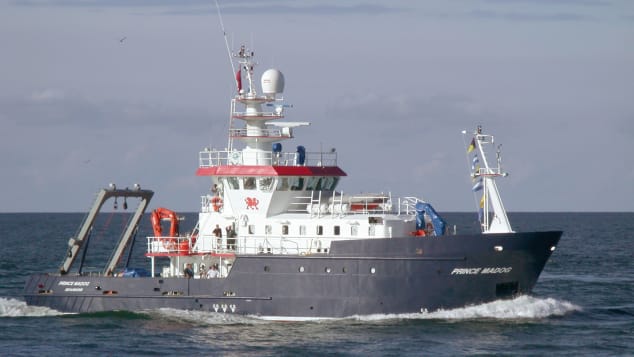 Prince Madog, the Bangor University survey vessel, leaves its berth in Menai Bridge, Anglesey, North Wales in 2016.