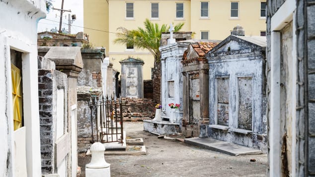 Saint Louis Cemetery contains many above-ground graves and elaborate memorials to those buried there.