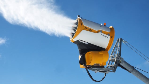 A snow gun in use at southern France's Font-Romeu ski resort.