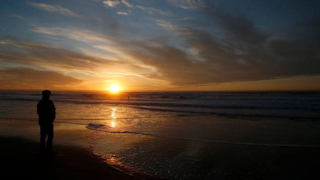 The sun sets at Ocean Beach in San Francisco on winter solstice 2020.  