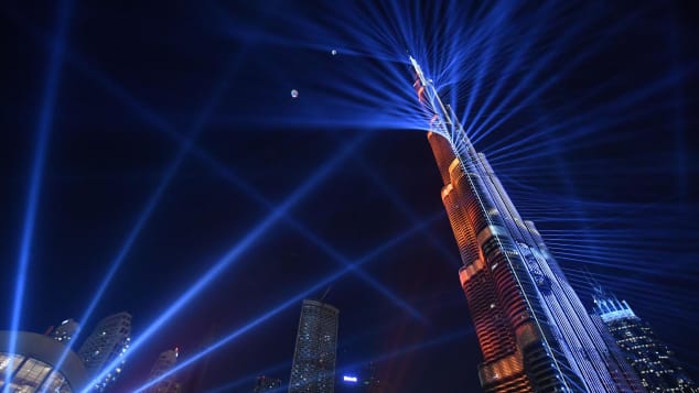 Dubai's Burj Khalifa, lit up for New Year's Eve celebrations in 2017.