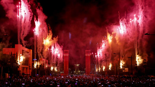 New Year's Eve fireworks light up in Barcelona, Spain, on December 31, 2016. 
